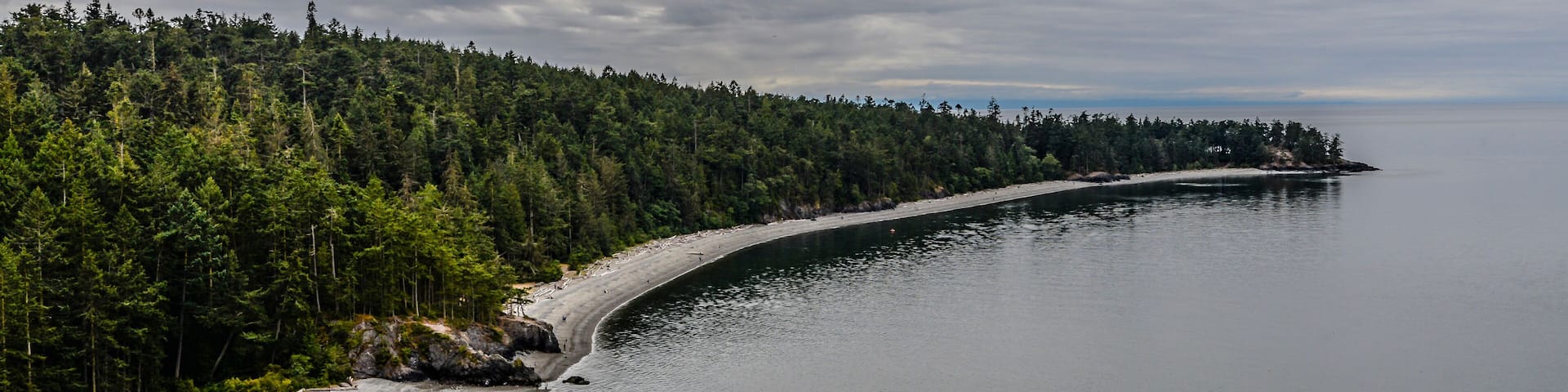 A curving shoreline with a forested island in the distance and calm waters.