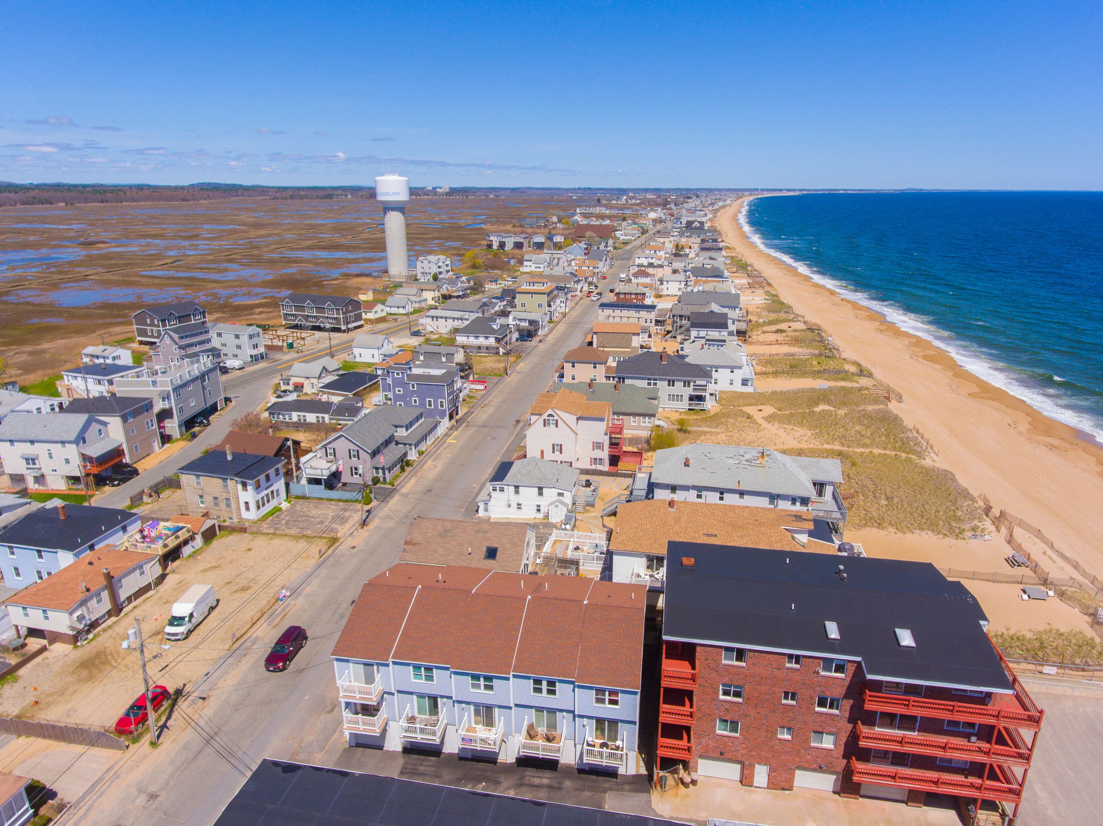 Central Avenue and Water Tower aerial view in Salisbury Beach in town of Salisbury, Massachusetts MA, USA. 