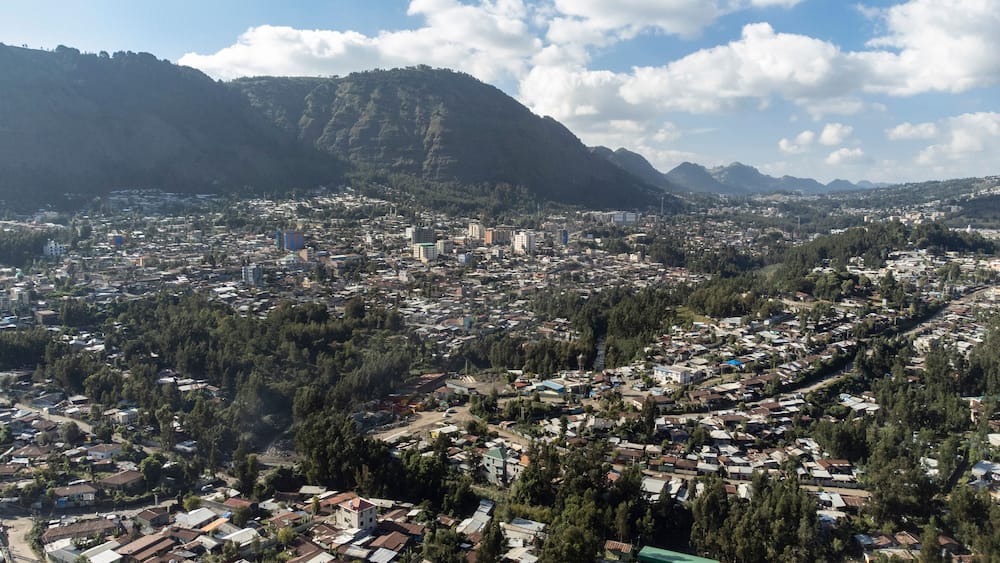 A cityscape with a mountainous backdrop.