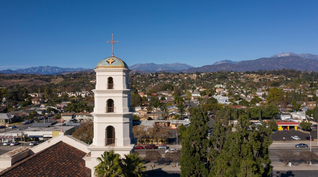 Aerial afternoon view of the historic religious center of downtown Pomona, California, USA.