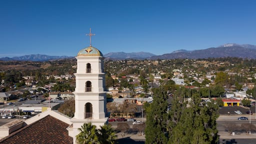 Aerial afternoon view of the historic religious center of downtown Pomona, California, USA.