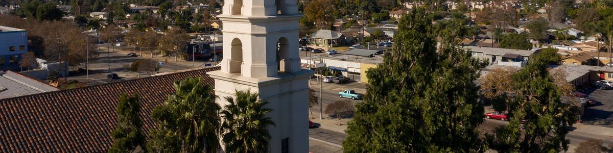 Aerial afternoon view of the historic religious center of downtown Pomona, California, USA.