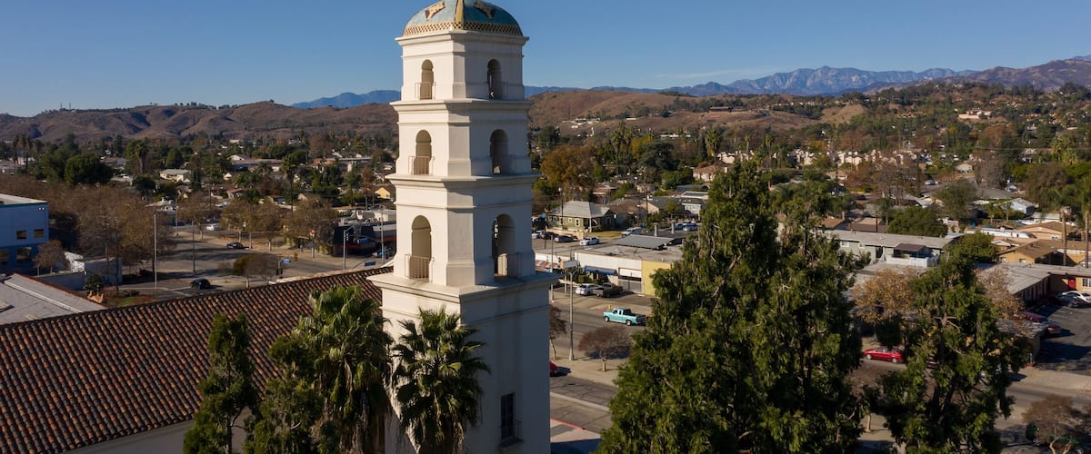Aerial afternoon view of the historic religious center of downtown Pomona, California, USA.