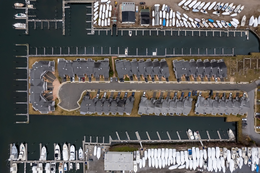 Aerial top view of apartment condos on Long Island, Freeport, New York