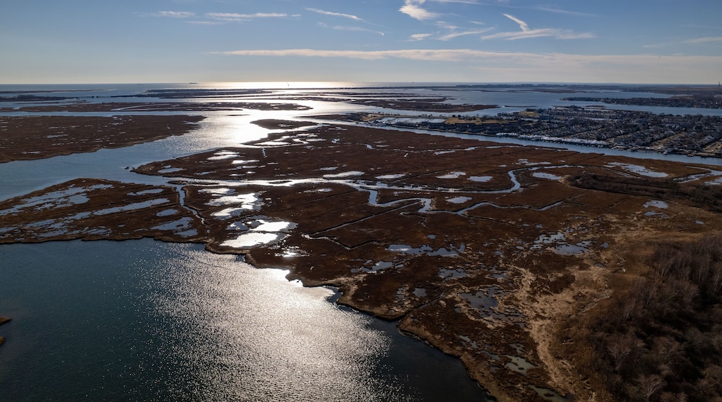 Aerial view of the salt marsh area of Freeport, NY on a sunny day