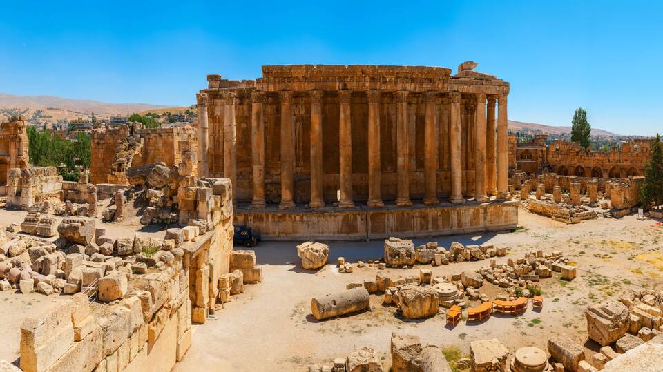 Baalbek Ancient city in Lebanon.Heliopolis temple complex.near the border with Syria.Panorama.remains