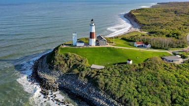 A lighthouse on a rocky outcrop with a grassy area and buildings nearby.