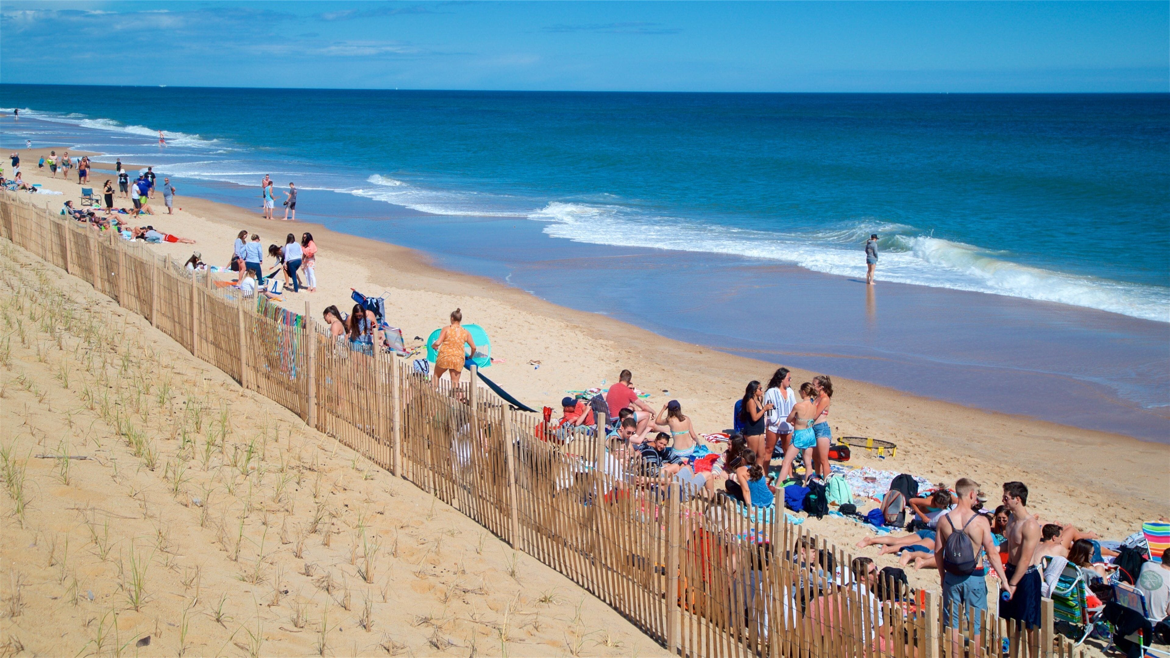 A crowded beach with people sunbathing and swimming.