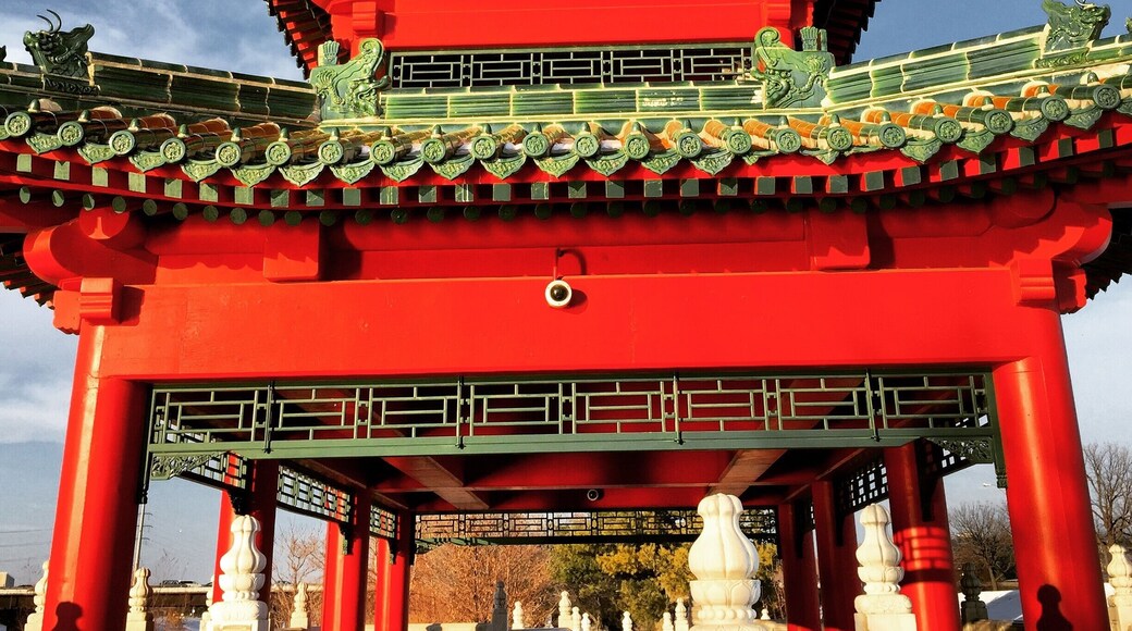 An interesting structure. Very ornamental roof. There is a pretty garden behind it, and a zodiac circle in front.