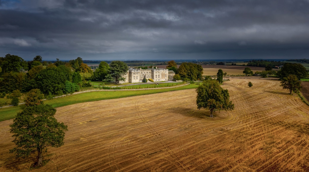 Hazlewood Castle, North Yorkshire historic Castle, chapel and hotel. Drone photograph in the summer.