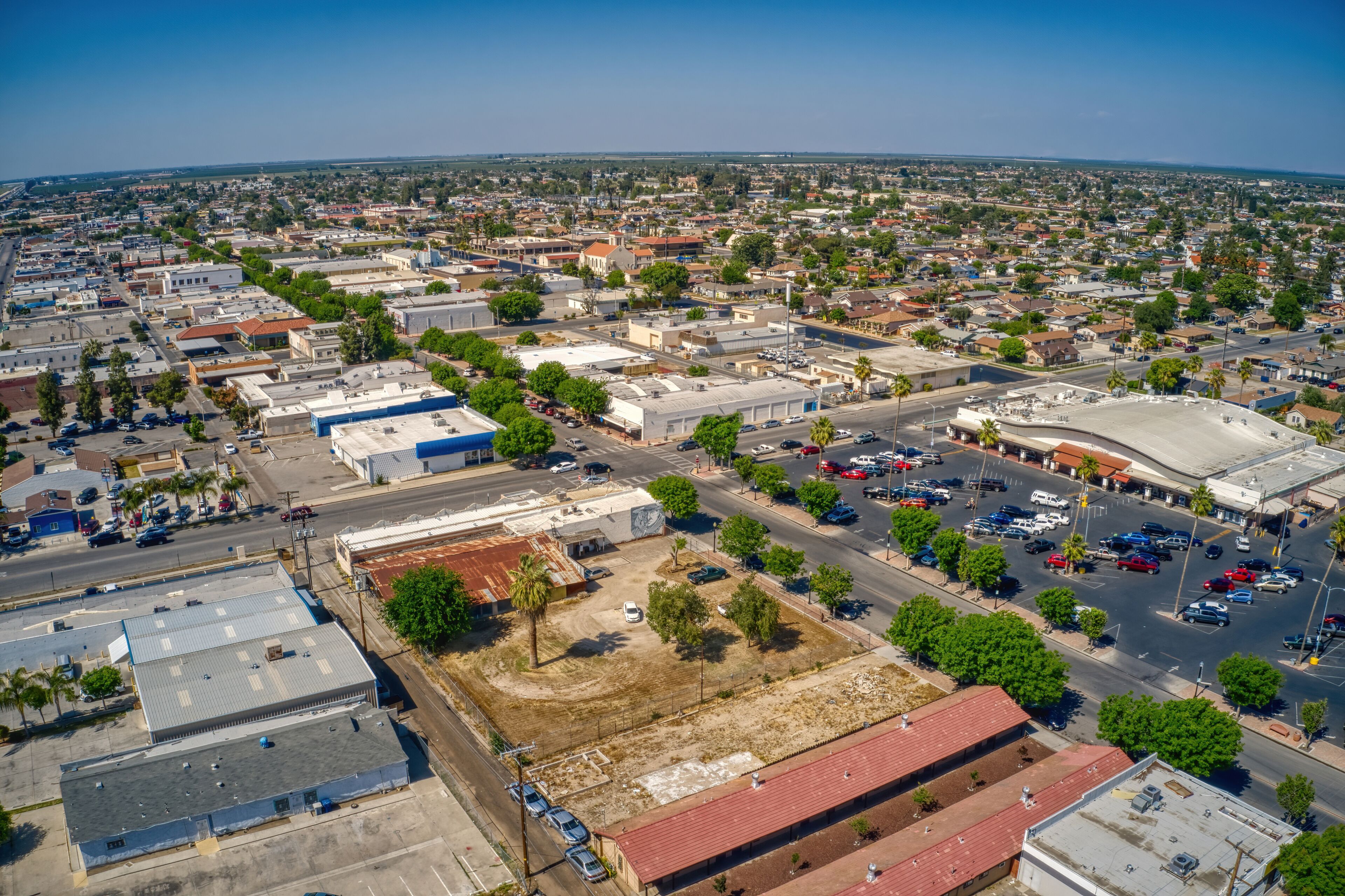 Aerial View of Downtown Delano, California in Spring