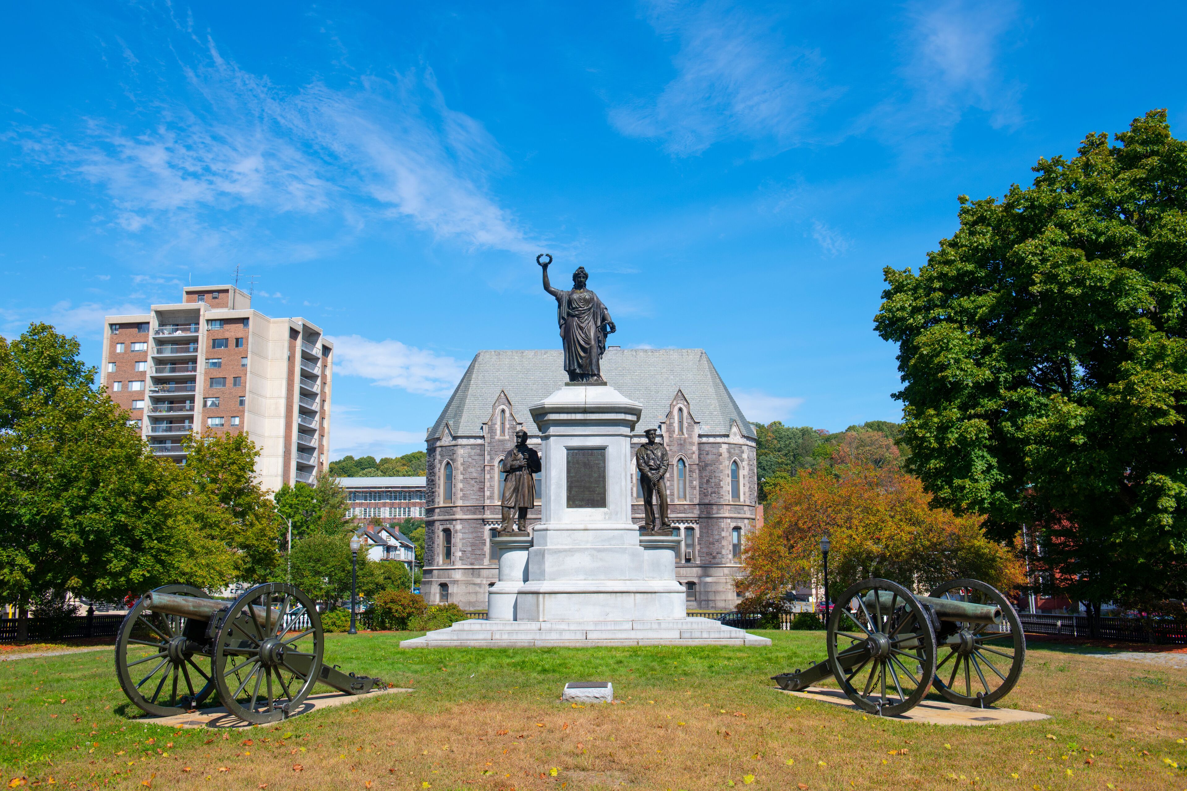 Civil War memorial in Monument Park on Main Street in downtown Fitchburg, Massachusetts MA, USA. 