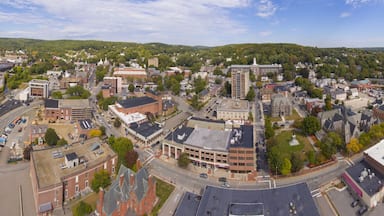 Fitchburg city downtown panorama aerial view on Main Street in fall, Fitchburg, Massachusetts MA, USA.