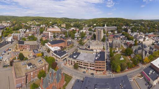 Fitchburg city downtown panorama aerial view on Main Street in fall, Fitchburg, Massachusetts MA, USA.