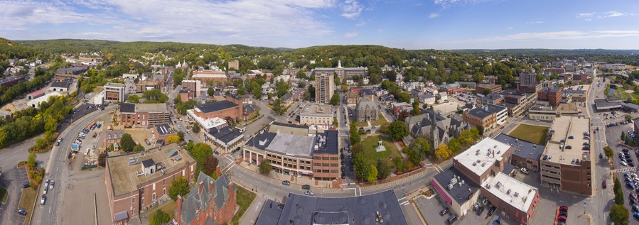 Fitchburg city downtown panorama aerial view on Main Street in fall, Fitchburg, Massachusetts MA, USA.