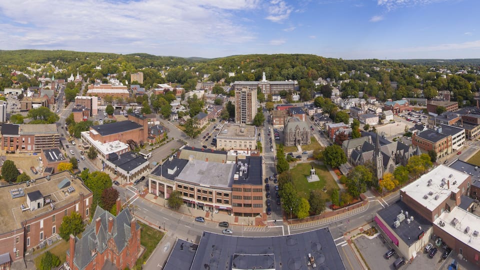 Fitchburg city downtown panorama aerial view on Main Street in fall, Fitchburg, Massachusetts MA, USA.