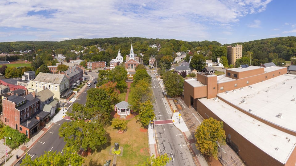 Fitchburg Upper Common and First Parish Unitarian Church panorama aerial view on Main Street in downtown Fitchburg, Massachusetts MA, USA.