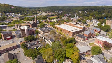 Fitchburg city downtown aerial view on Main Street in fall, Fitchburg, Massachusetts MA, USA.
