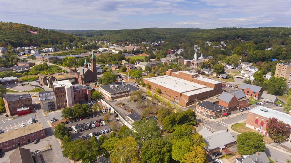 Fitchburg city downtown aerial view on Main Street in fall, Fitchburg, Massachusetts MA, USA.