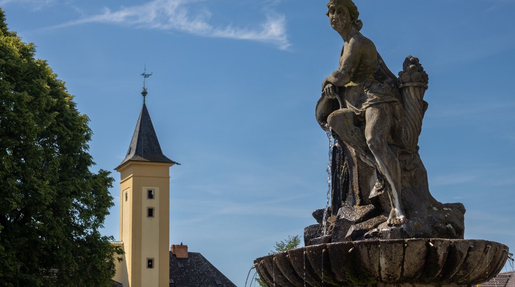 Fountain and castle tower, Zabreh, Czech republic