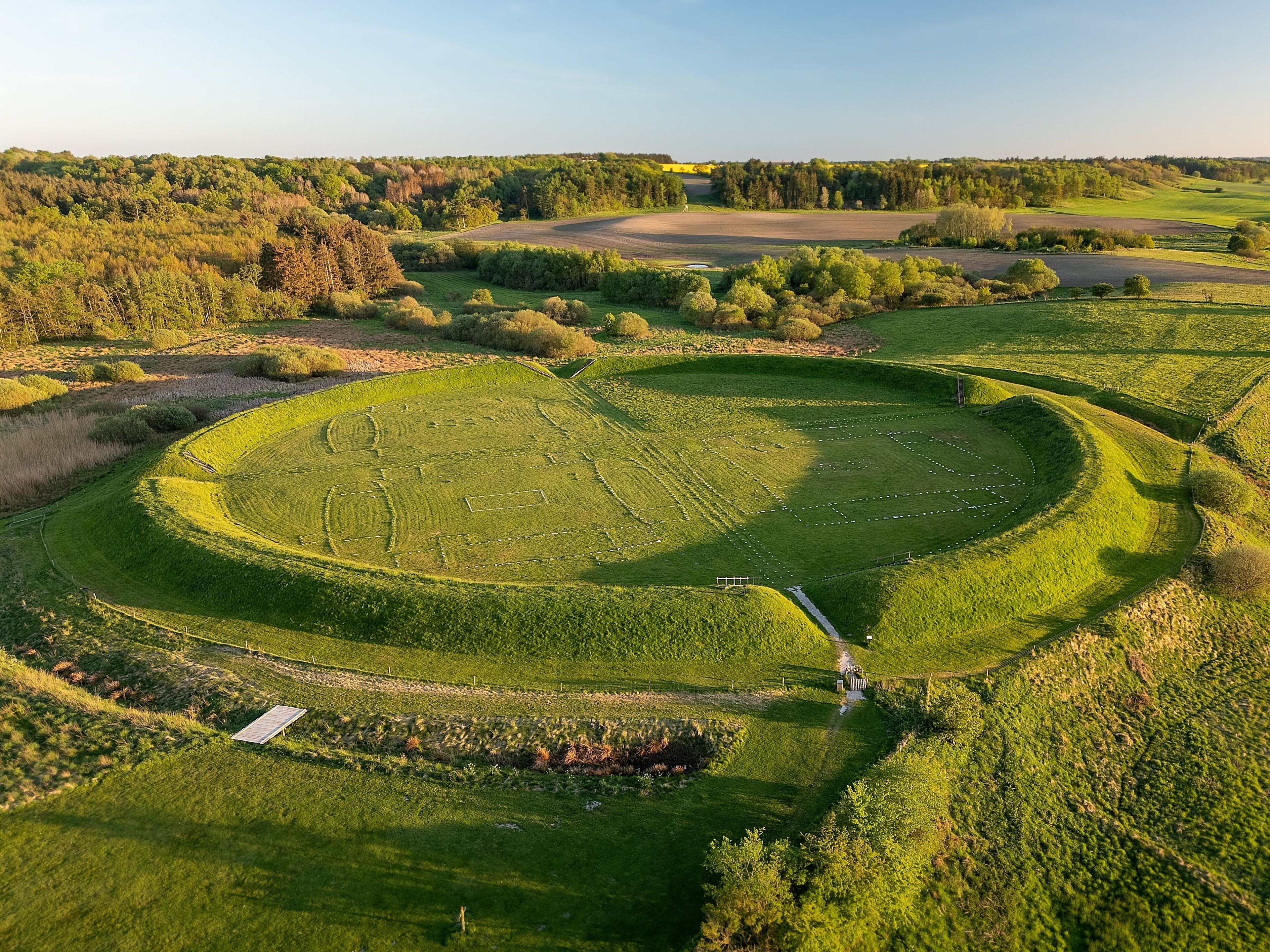 Drone aerial photo of Viking ring fortress Fyrkat near Hobro Denmark