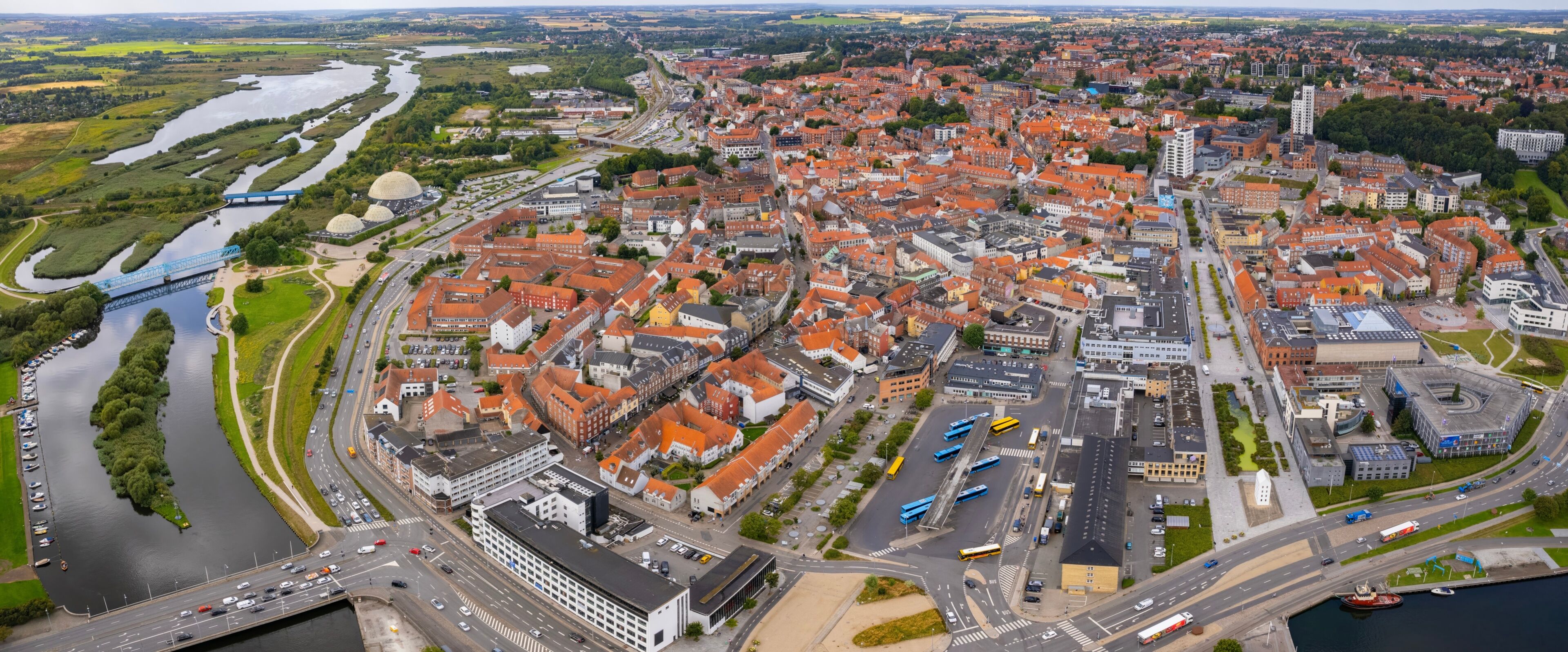 Aerial panorama of the downtown of the city Randers in Denmark on a sunny summer day.