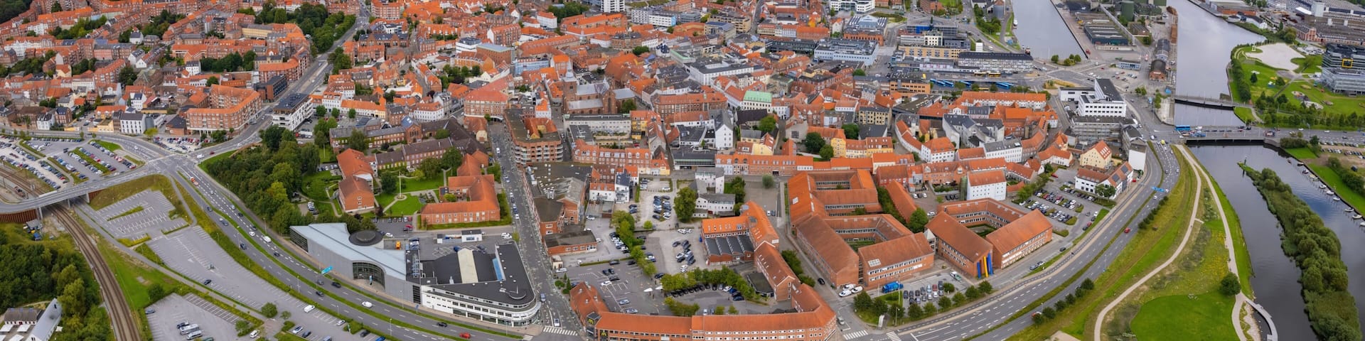 Aerial panorama of the downtown of the city Randers in Denmark on a sunny summer day.