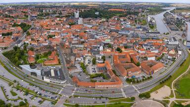 Aerial panorama of the downtown of the city Randers in Denmark on a sunny summer day.