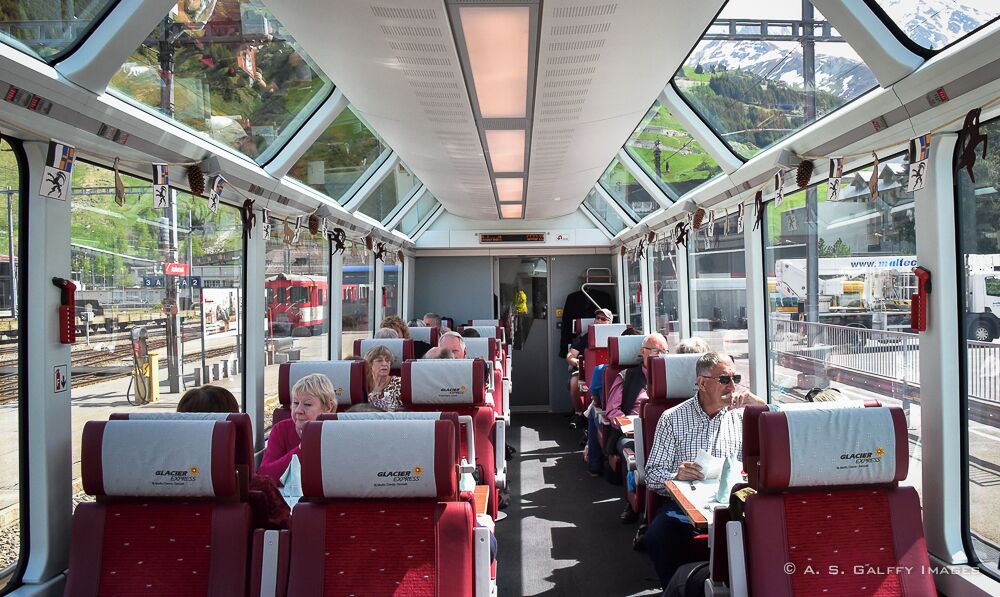 The Glacier Express train that travels between Zermatt and St.Moritz, Switzerland.