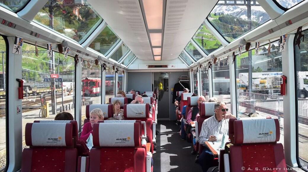 The Glacier Express train that travels between Zermatt and St.Moritz, Switzerland.
