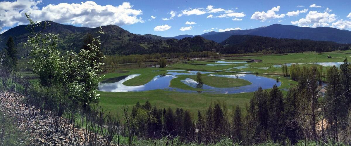 A landscape with a winding river, green fields, and mountains in the background.