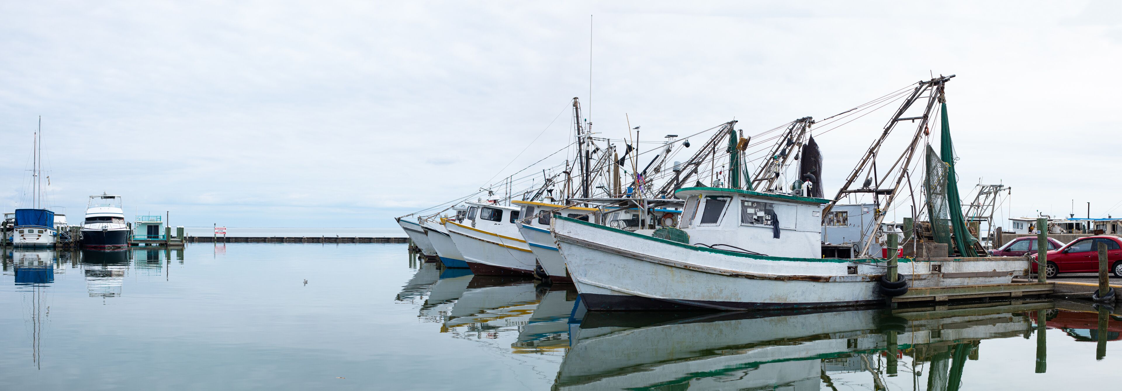 Several fishing boats docked at a harbor with calm water and a cloudy sky.