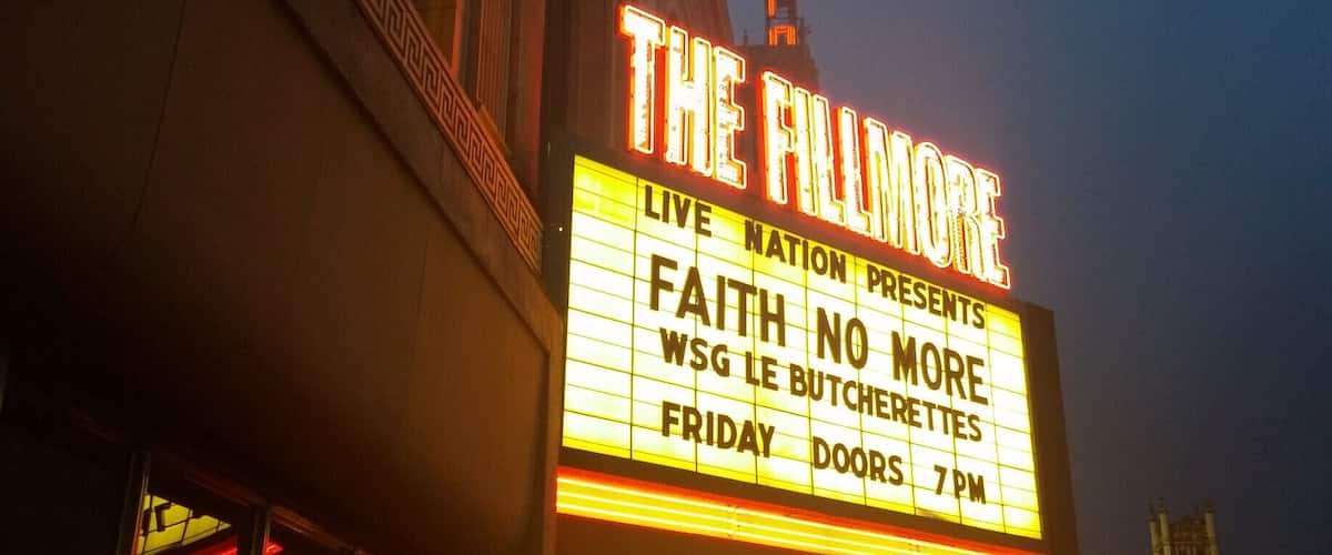 Opened in 1925 and known for most of its existence as the State Theatre, the recently rebranded Fillmore Detroit is a nearly 3000 seat concert venue.
The towering marquee of the neighboring Fox Theatre can be seen photo-bombing in the backdrop.