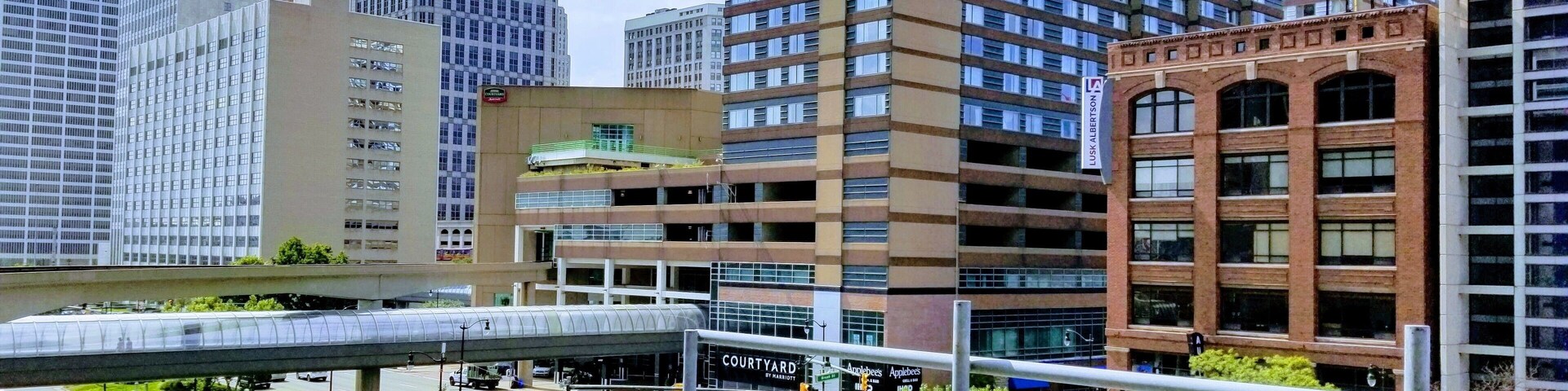 The People Mover at the Renaissance Center. In the heart of downtown and the riverwalk that stretches through parks with views of Canada, this is the best place to start a weekend in the Motor City #AboveItAll #detroit #peoplemover #renaissancecenter #city #motorcity #riverwalk