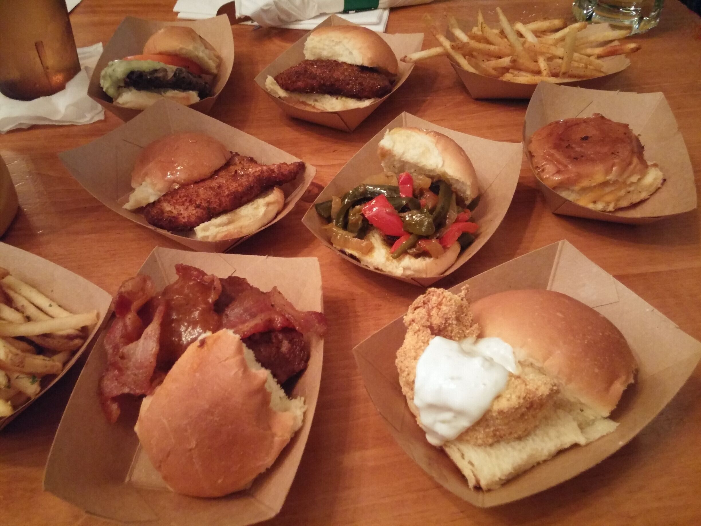 A slider onslaught from Green Dot Stables in Detroit!

Fried chicken, catfish, grilled cheese, BBQ bacon burger, black bean burger and a spicy Italian red hot.

I went to Detroit for a concert and stopped here for dinner because of a Trover post by @Lisa Osburn

A very cool place with an odd race horse theme and a menu dominated by numerous slider options and crispy shoestring fries.
