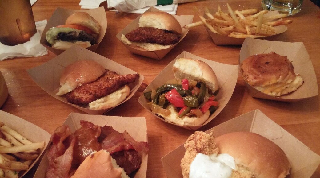 A slider onslaught from Green Dot Stables in Detroit!
Fried chicken, catfish, grilled cheese, BBQ bacon burger, black bean burger and a spicy Italian red hot.
I went to Detroit for a concert and stopped here for dinner because of a Trover post by @Lisa Osburn
A very cool place with an odd race horse theme and a menu dominated by numerous slider options and crispy shoestring fries.