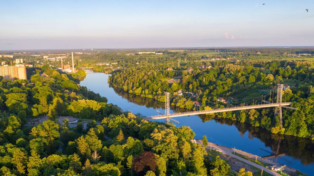Bridge over the river. Landscape shot from drone. Zhytomyr, Ukraine