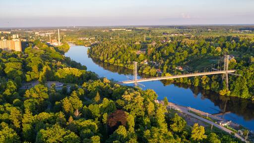 Bridge over the river. Landscape shot from drone. Zhytomyr, Ukraine