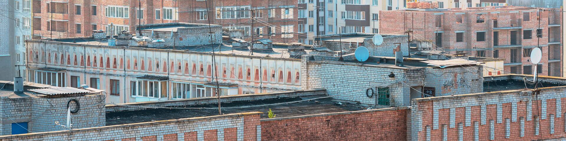 28/07/2019 Zhytomyr, Ukraine, mix of multi-storey roofs of both new and Soviet times buildings in the sleeping area