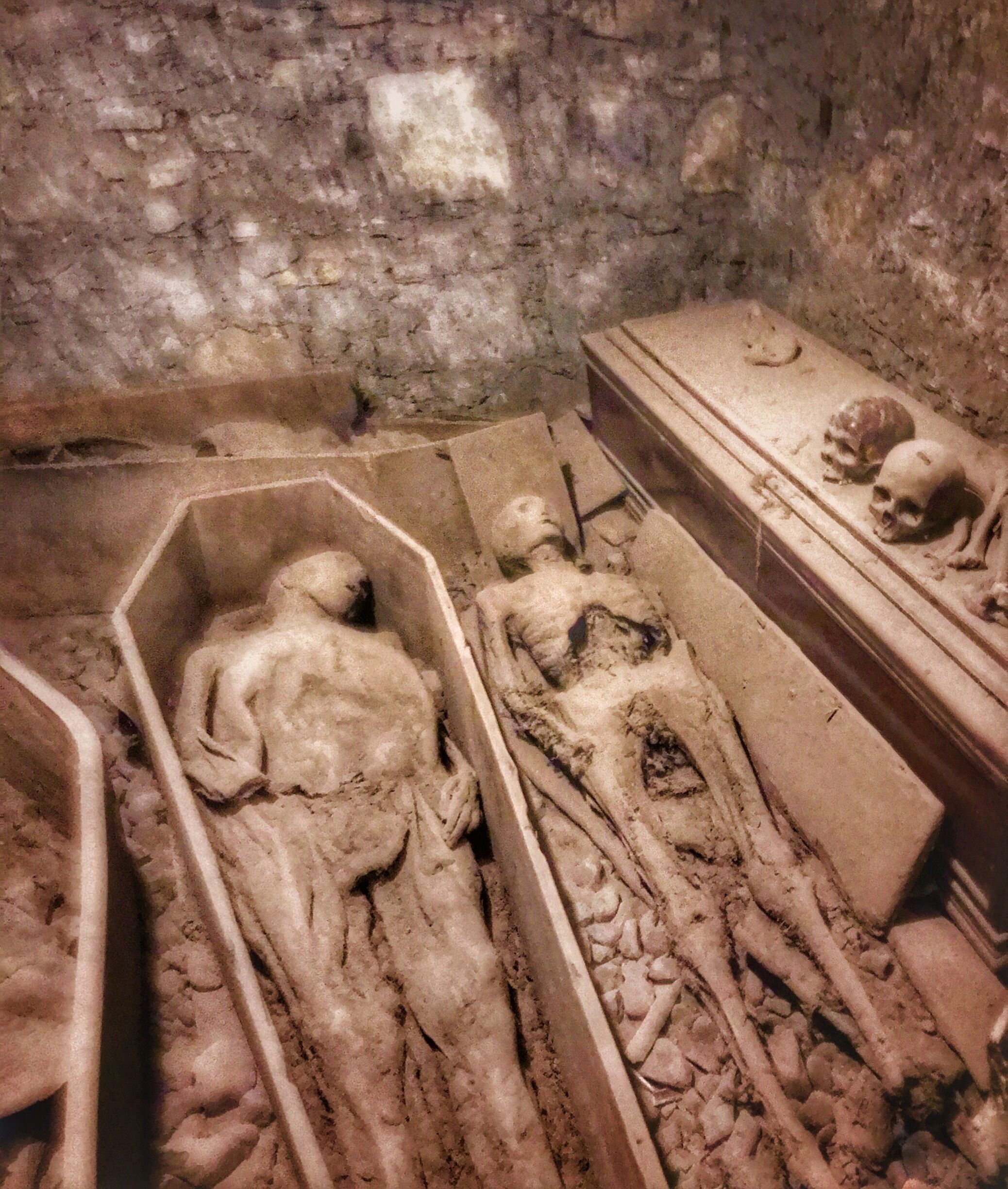 Inside the centuries-old crypts at St. Michan’s Church, Dublin. The Cryptkeeper will fascinate you with stories of the inhabitants. Hard to find, but worth the work!
#InStone