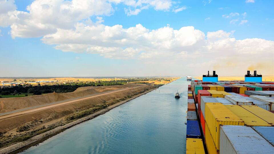 Container ship transiting through Suez Canal.