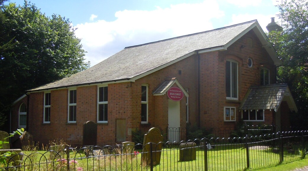 Copthorne Chapel, Chapel Lane, Copthorne, District of Mid Sussex, West Sussex, England. Built in 1828 and restored in 1898, according to the plaque above the circular window, this Countess of Huntingdon's Connexion evangelical chapel has been in continuous use ever since. It stands in an isolated position northeast of the village; the Surrey/West Sussex county boundary is immediately behind the photographer, and East Sussex and Kent are also close by.