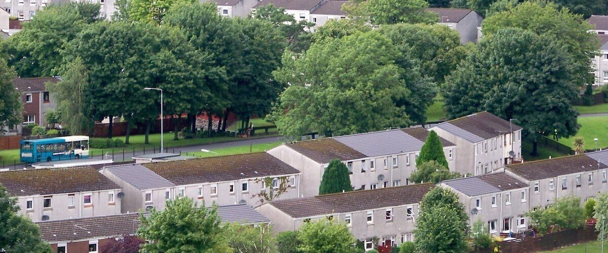 Allison Avenue, Bargarran, Erskine, Data from Geograph: Description: A view of terraced housing in Allison Avenue. In the foreground, an end terrace split-level house at the end of Holms Crescent can be noted. An Arriva bus travels down Bargarran Road in mid-left of shot. ICBM: 55.906616512111, -4.467789726679 Location: (about 1 km from) near to Erskine, Renfrewshire, Great Britain.