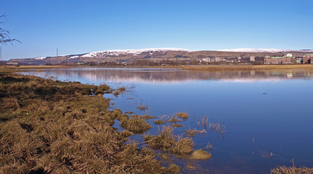 Newshot Island Inlet, River Clyde Looking downstream to the Erskine Bridge. Clydebank hospital on the right. Kilpatrick Hills in the distance.