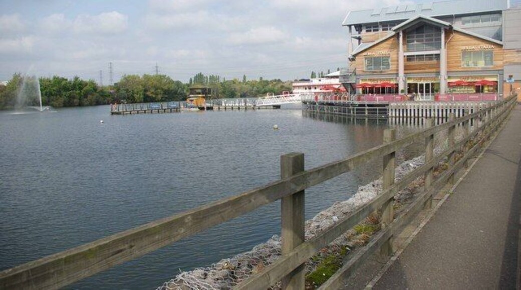 Lakeside Boardwalk The Boardwalk restaurant complex looks over the remnants of the late at Lakeside before the construction of the retail park in the early 1980s and the Sshopping centre in the following decade the lake in a flooded gravel pit covered about four times its current area.