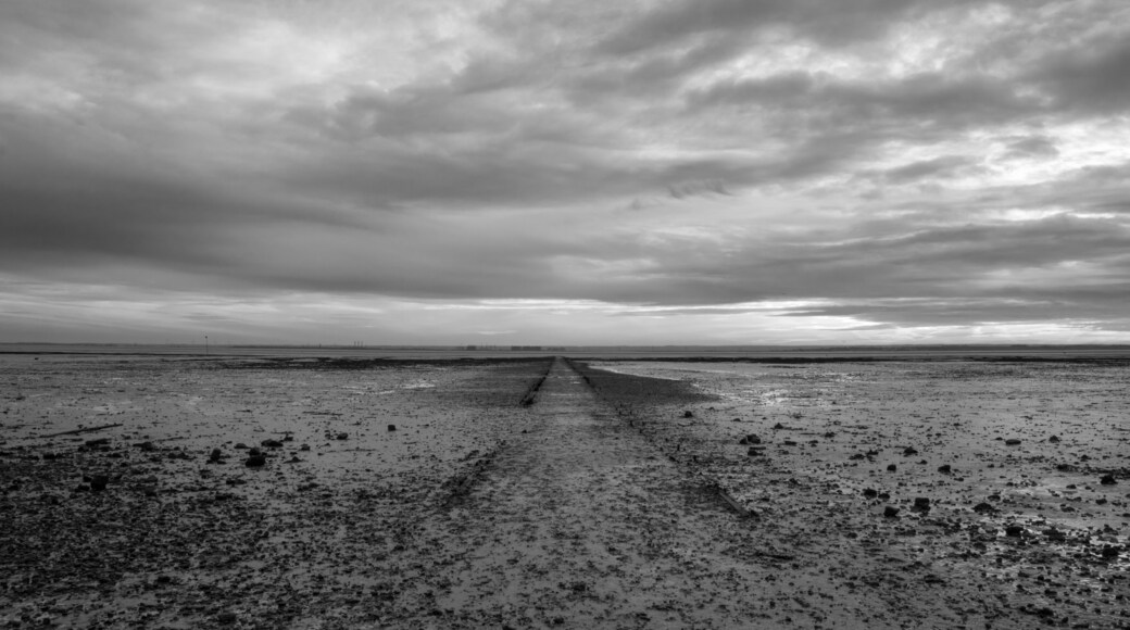 Black and white image of a pathway on the beach at Westcliff, Essex, England, United Kingdom