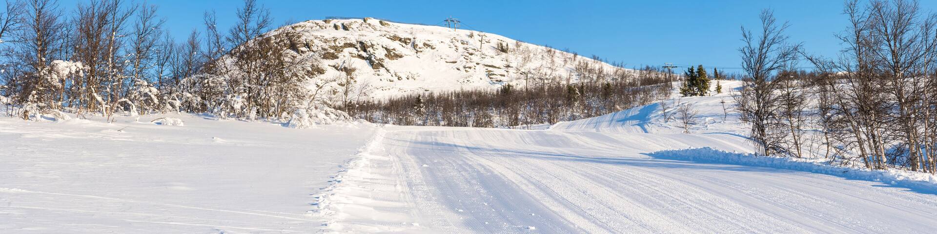 Wide panoramic view of snowy landscape in Beitostolen. Winter in Norway
