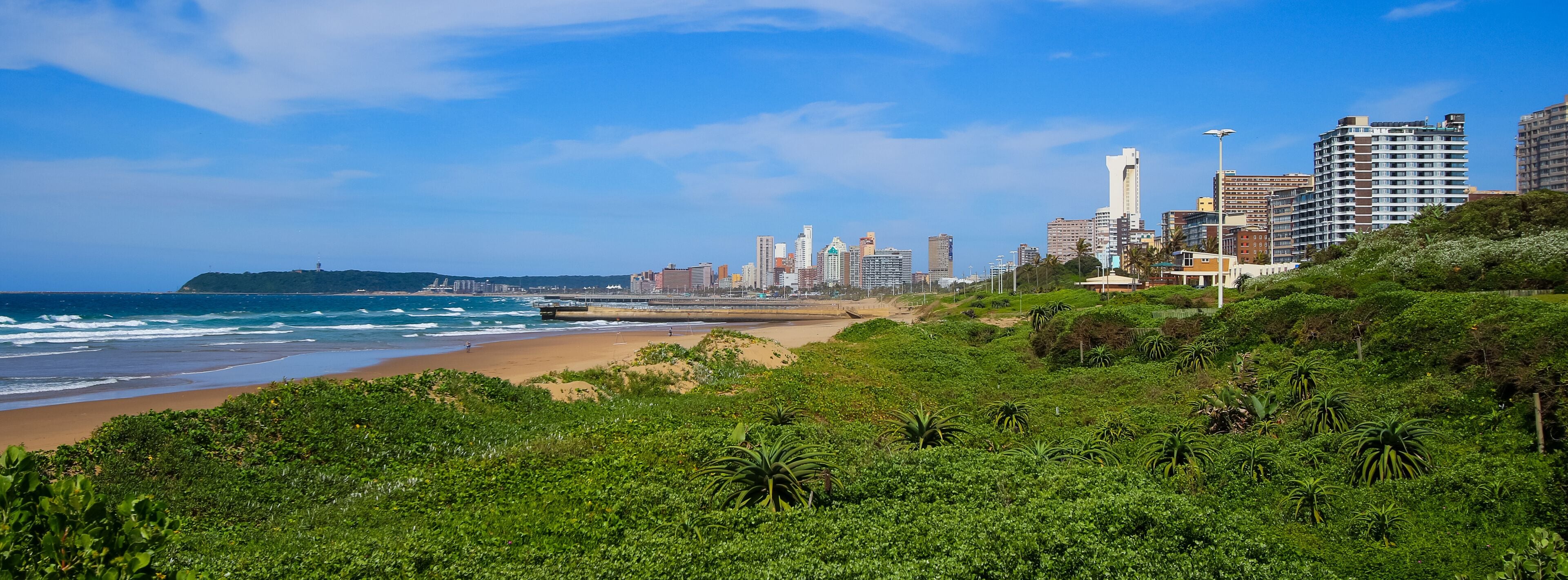 A coastal cityscape with a beach, dense greenery, and high-rise buildings.