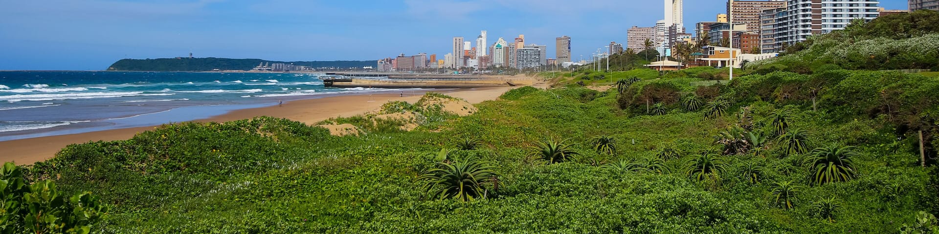 A coastal cityscape with a beach, dense greenery, and high-rise buildings.