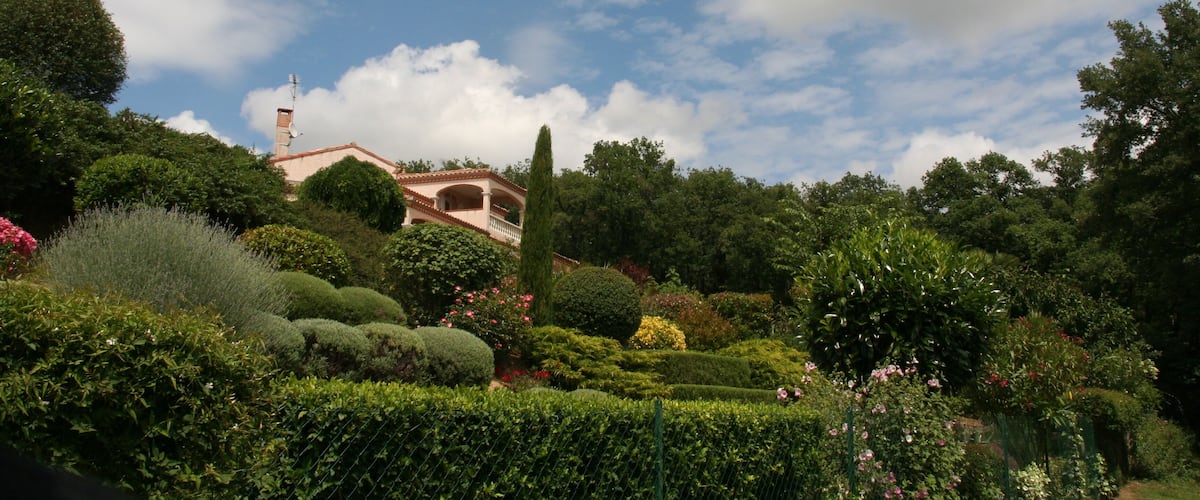 A well-manicured garden with various shrubs and flowers, a prominent cypress tree, and a building with a red roof in the background.